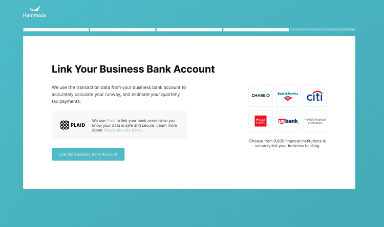 Current onboarding flow screenshot, plaid bank account setup.